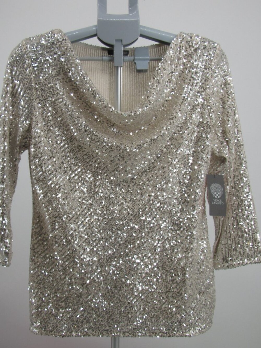 NWT VINCE CAMUTO twinkle and glow cowl neck top sequins champagne silver MEDIUM